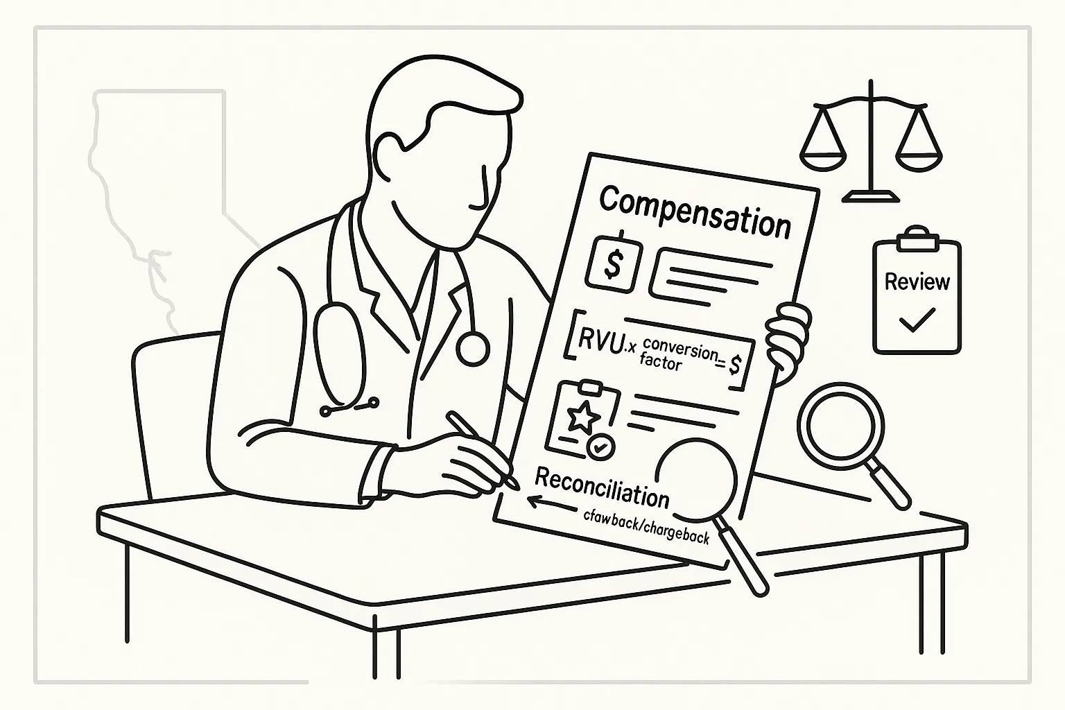 Physician assistant reviewing compensation section of contract with magnifying glass.