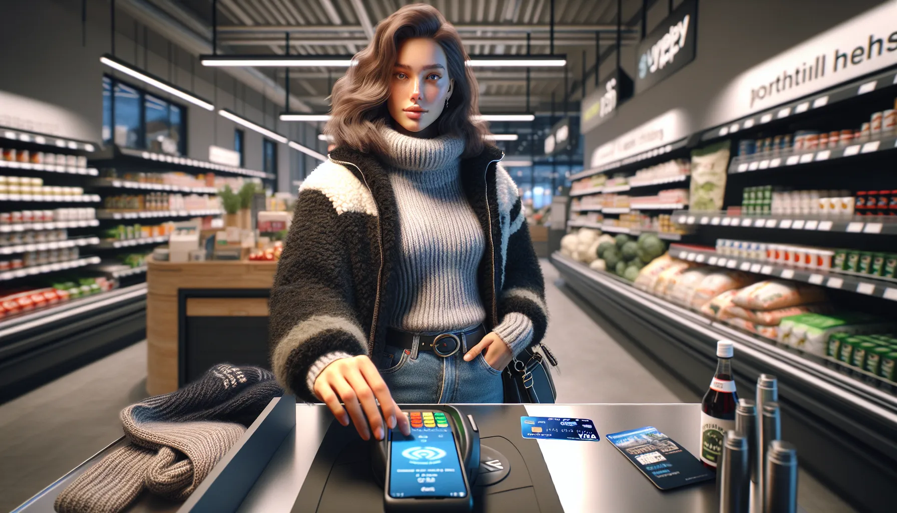 Hva er forskjellen mellom debetkort og kredittkort? 2 Young woman in norwegian grocery store tapping a debit card on a payment terminal.