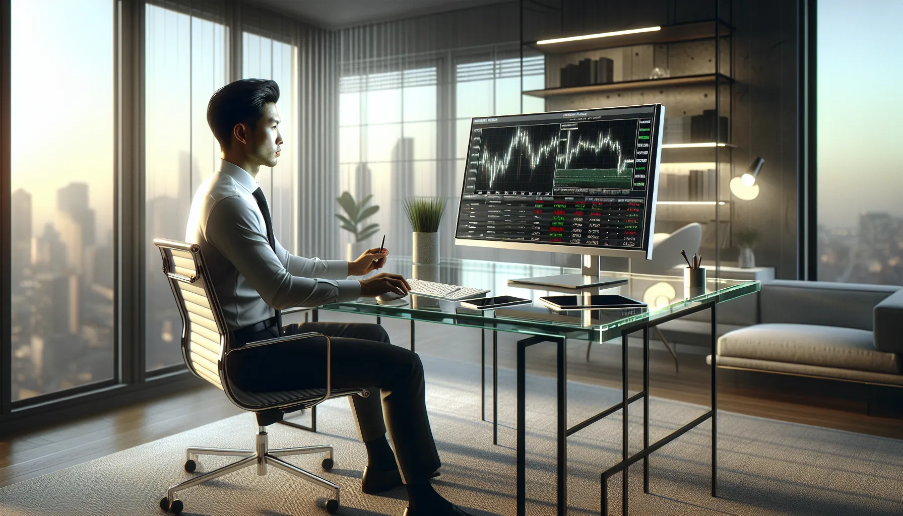 Professional trader analyzing Binance cryptocurrency trading interface on desktop monitor in modern office.