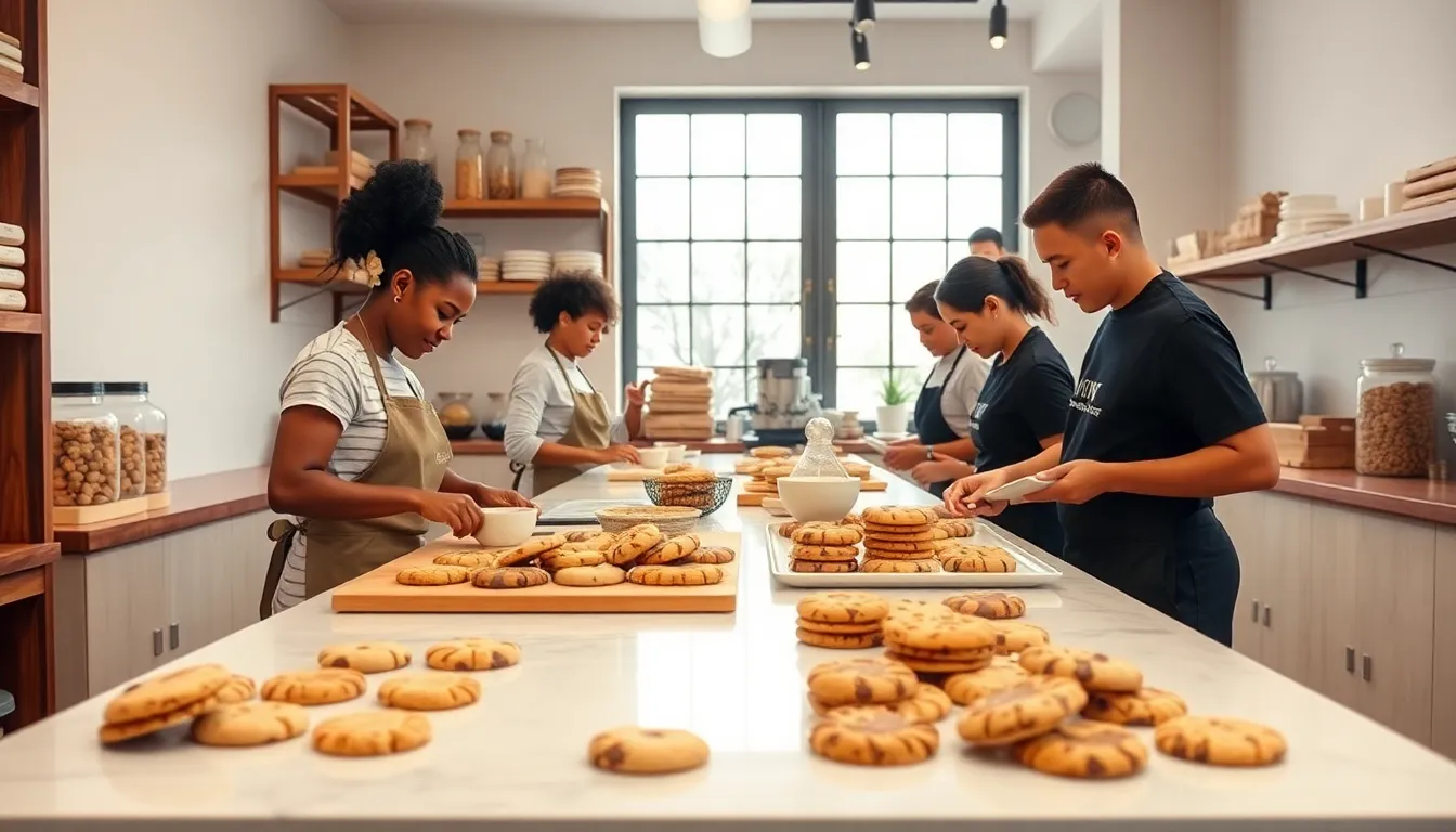 modern bakery showcasing diverse bakers creating unique, delicious cookies.