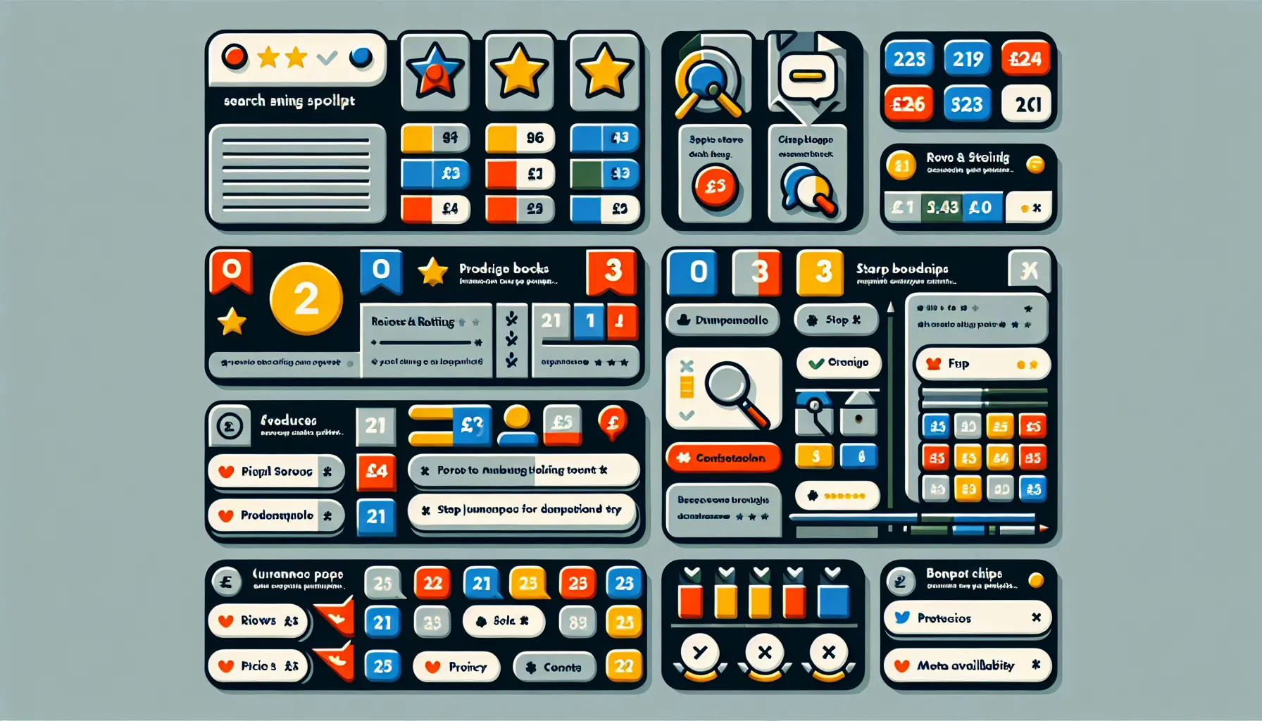 Grid of UK-focused Google rich snippet types with icons and placeholders.