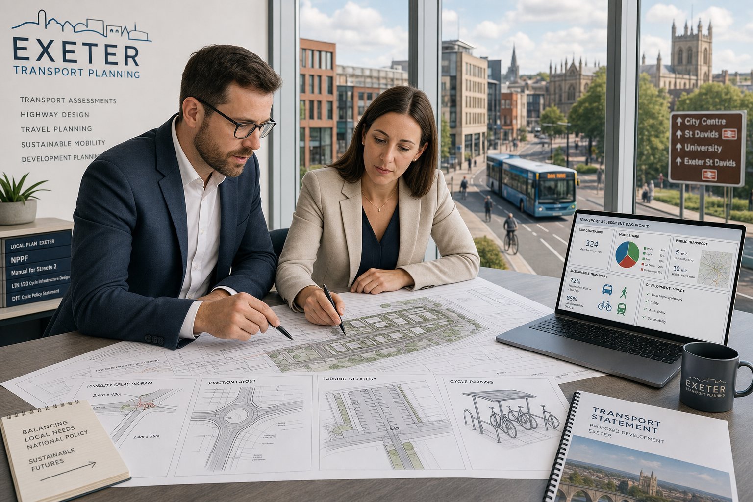 Traffic engineer reviewing Exeter development plans in a modern office.
