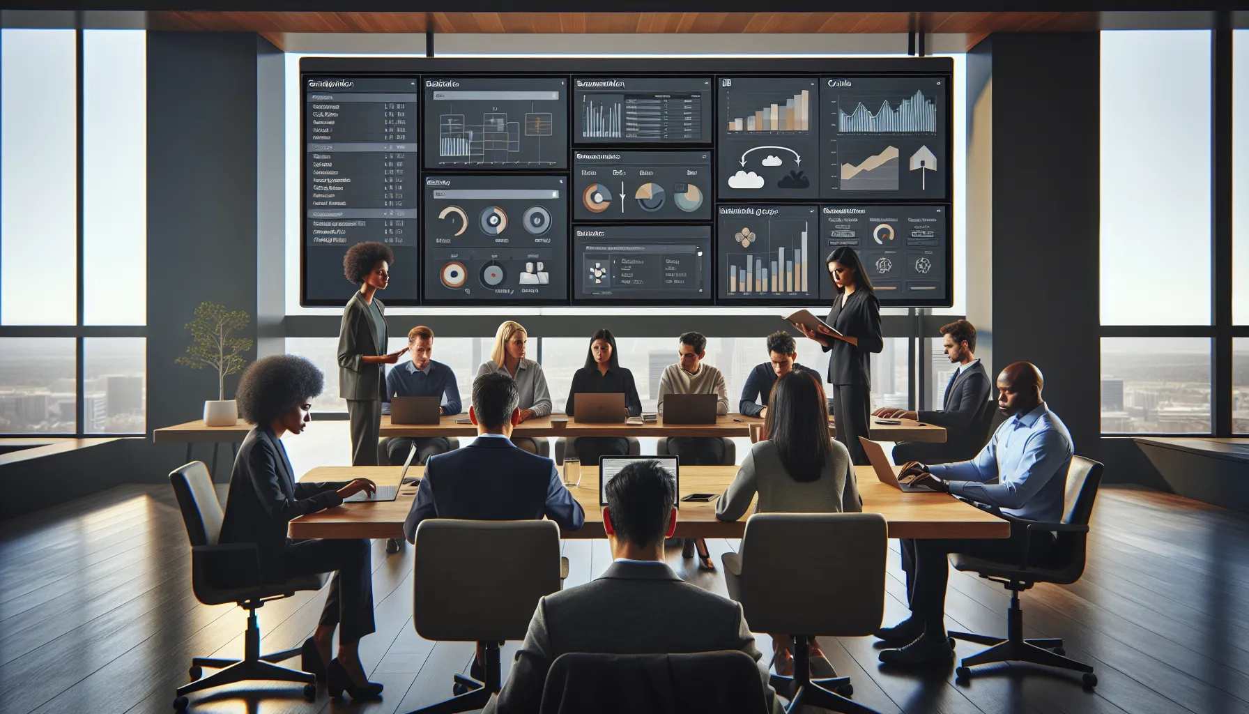 Analytics team reviewing Tableau email subscription limitations on a large screen in a modern office.