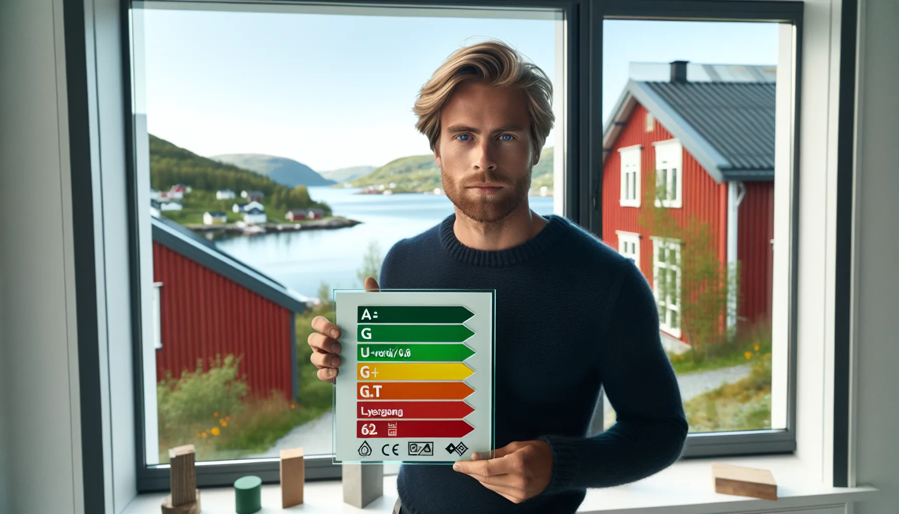 Professional in norway reading a window energy label with u, g, and lt.