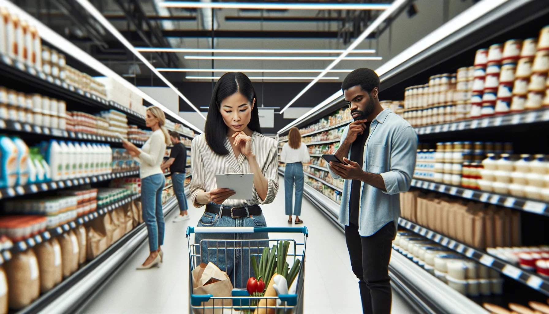diverse shoppers strategizing in a modern grocery store.