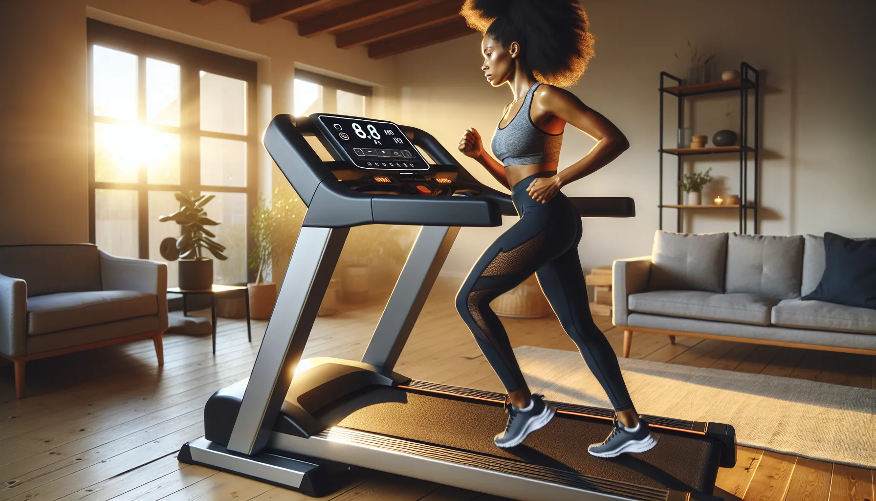 Woman presses quick speed button on a mid-range home treadmill in sunlight.