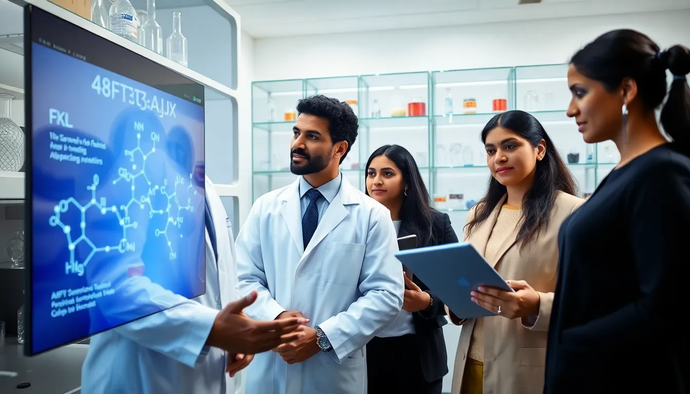 scientists discussing the compound 48Ft3Ajx in a modern lab.