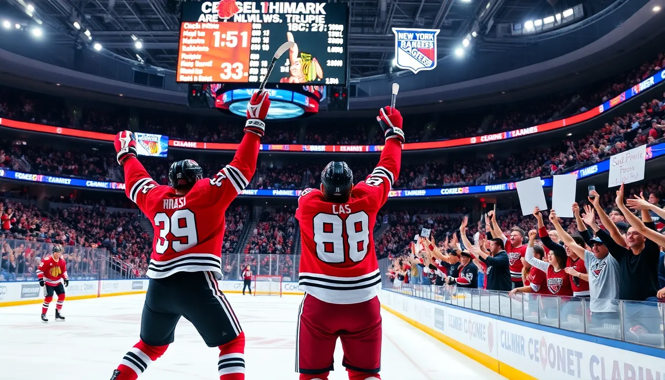 excited fans celebrating during a live hockey game in a packed arena.
