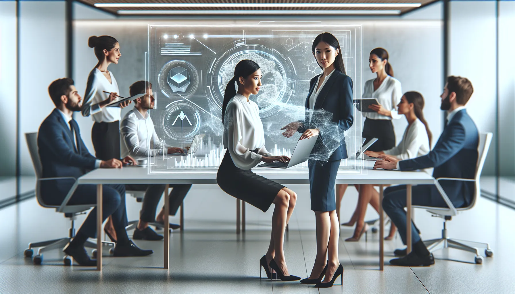 diverse professionals discussing cryptocurrency trends in a modern office.