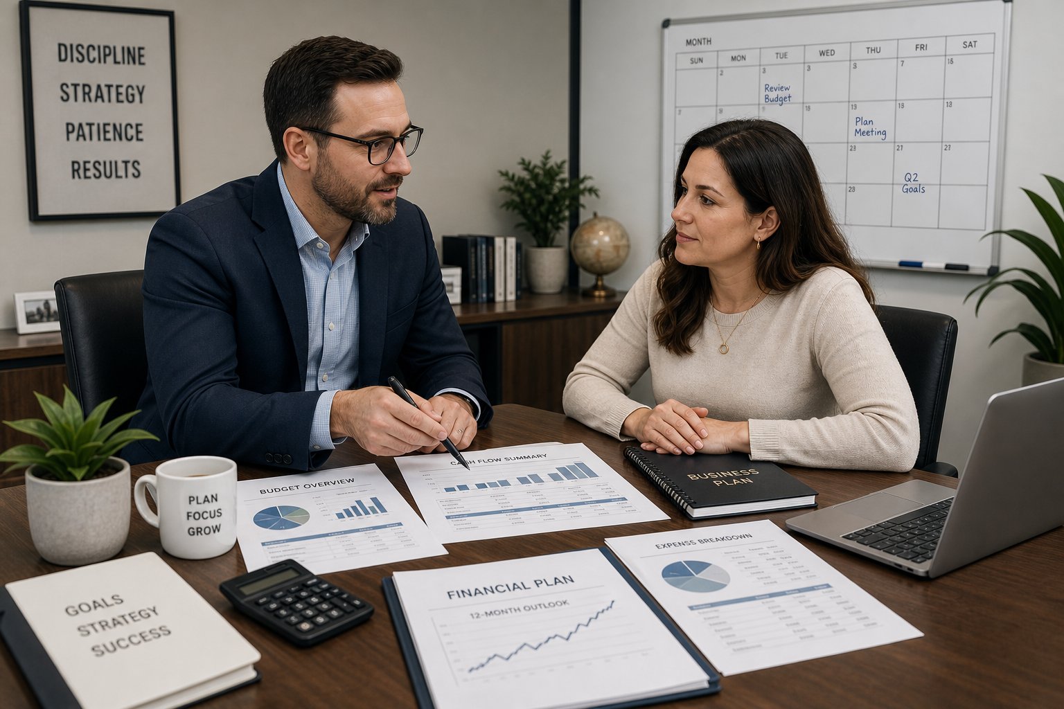 Business owner planning predictable long-term repayments with a finance professional in a meeting room.