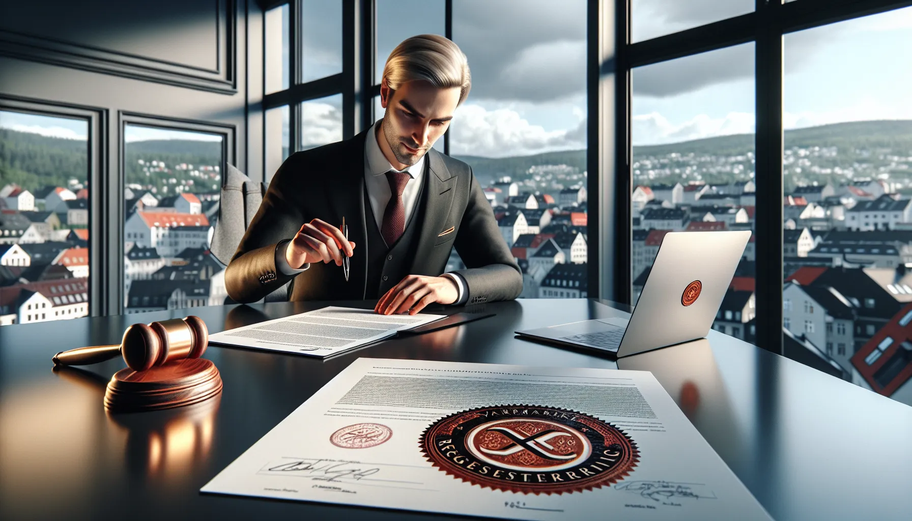 Norwegian business owner signing trademark registration papers for a professionally designed logo.