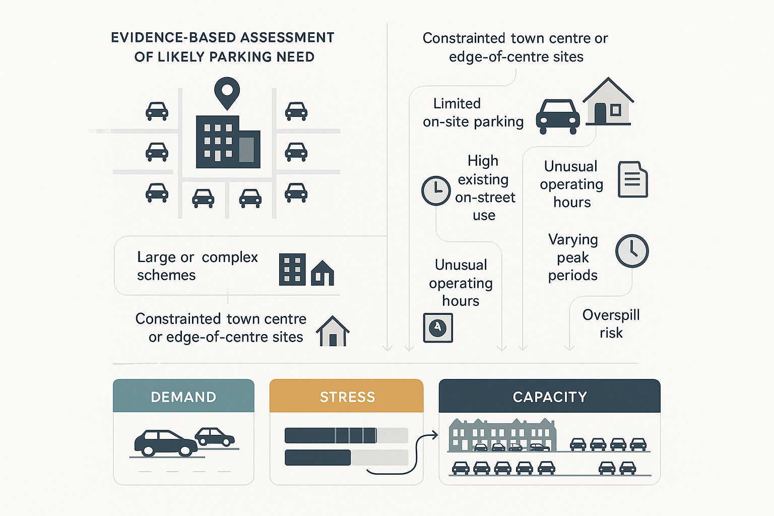 Infographic comparing parking demand, parking stress, and parking capacity in UK planning.