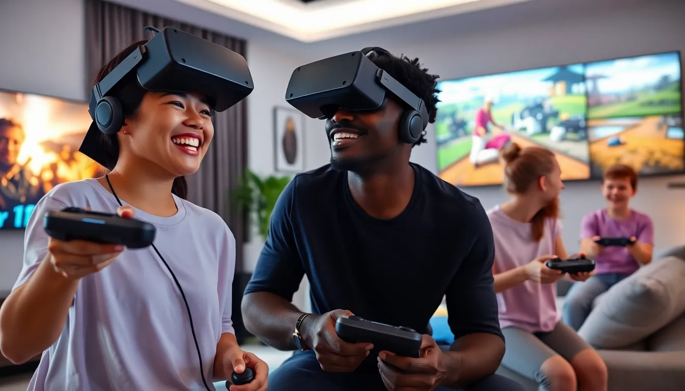 diverse gamers enjoying free VR games in a modern living room.