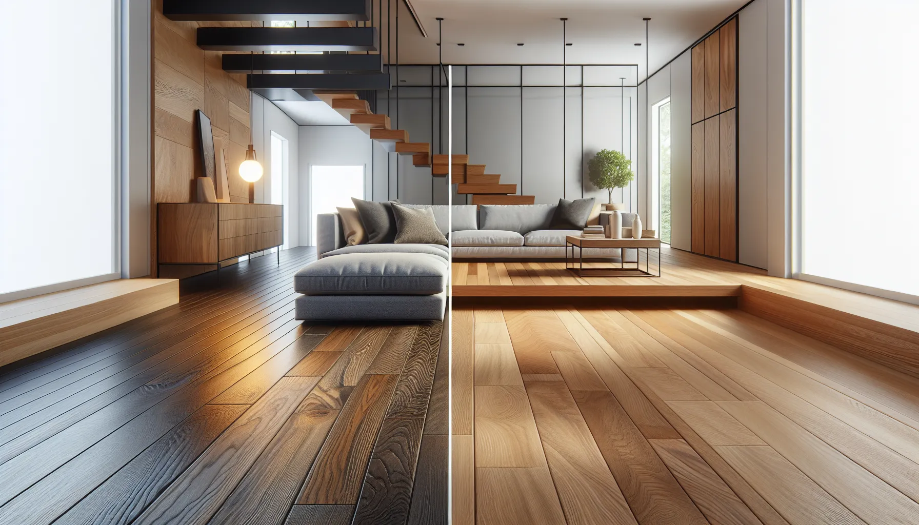 Close-up comparison of solid and engineered hardwood floors in a modern home interior.