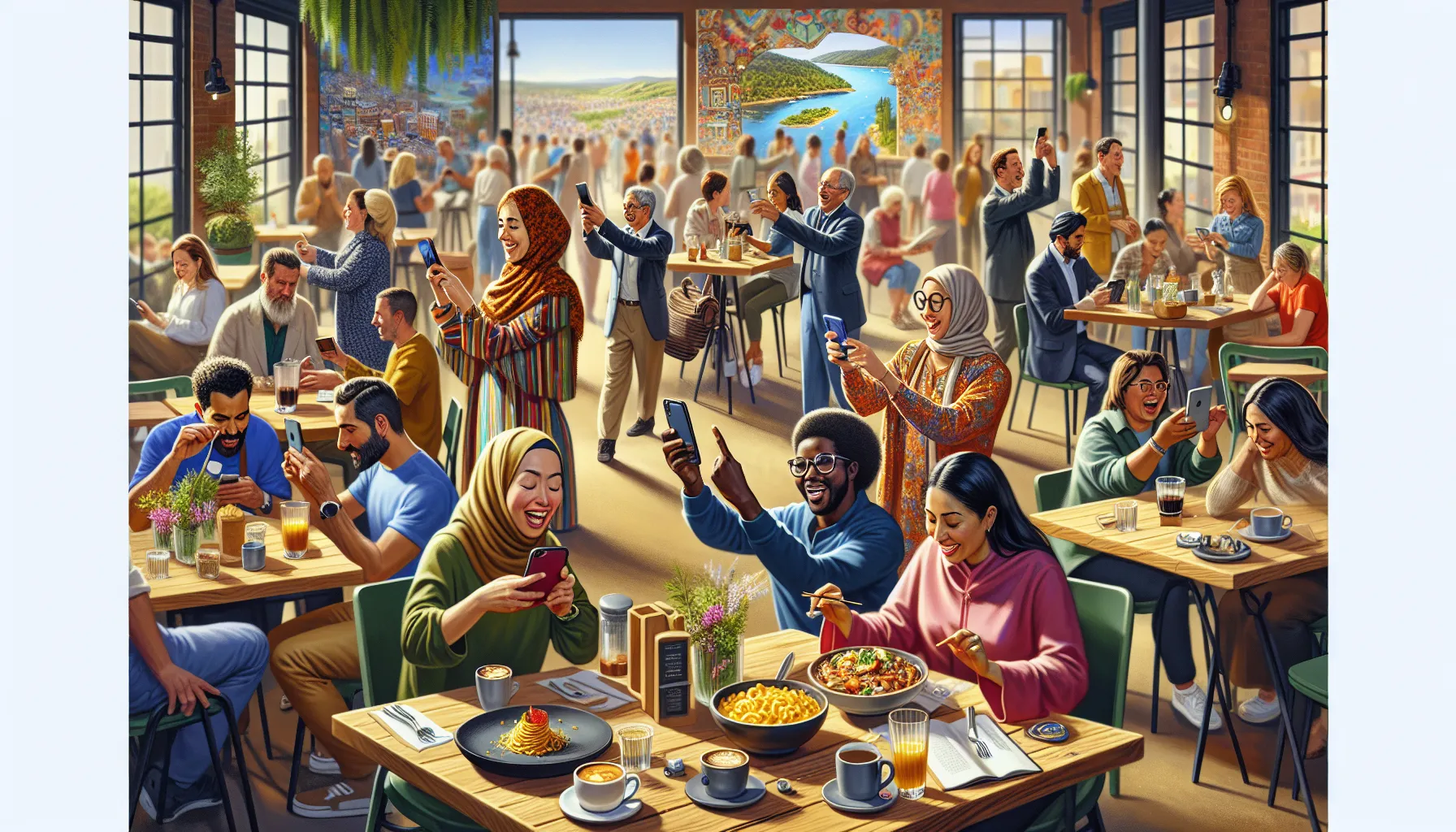 diverse group capturing favorite places in a modern caf&eacute;.