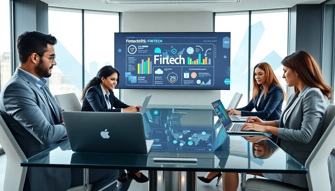 diverse team discussing fintech innovations in a modern office.