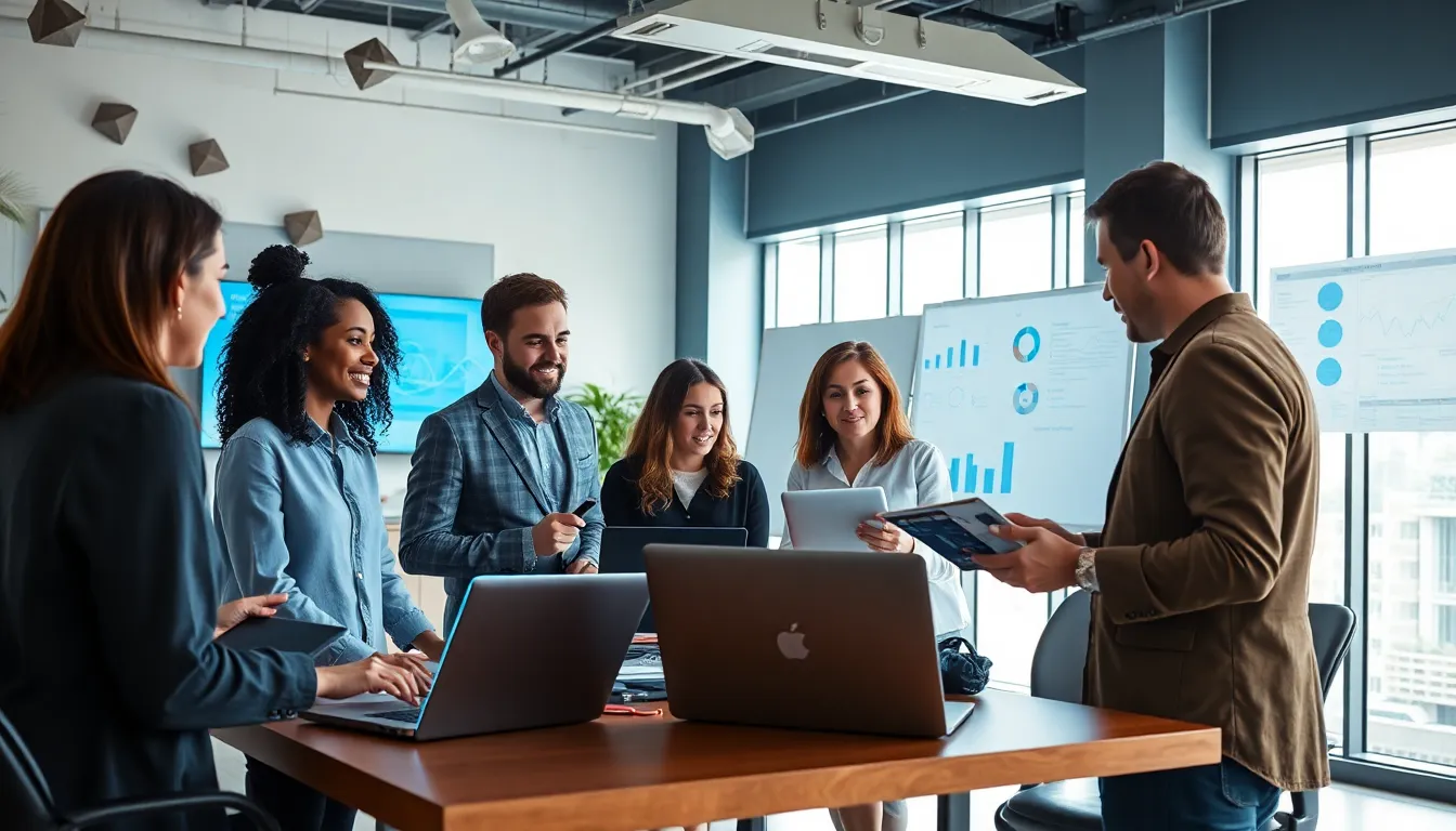diverse team collaborating on data management technology in a modern office.