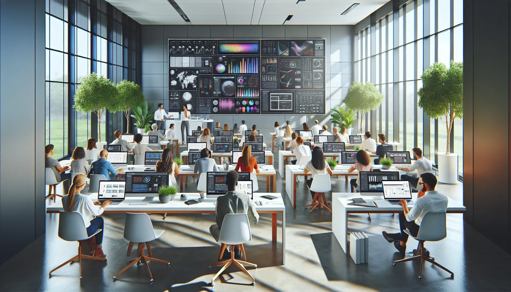 diverse learners in a modern classroom taking a Photoshop course.