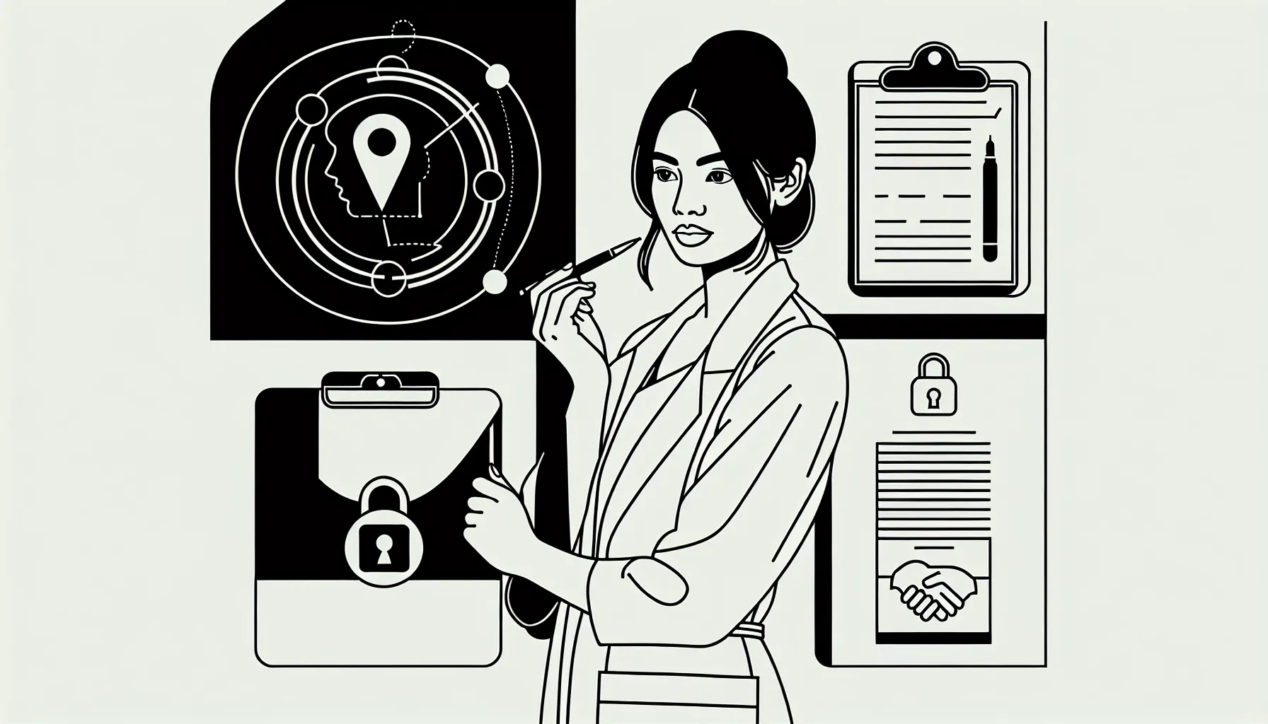 Dentist pointing to contract with map radius, calendar, and locked patient list icons.