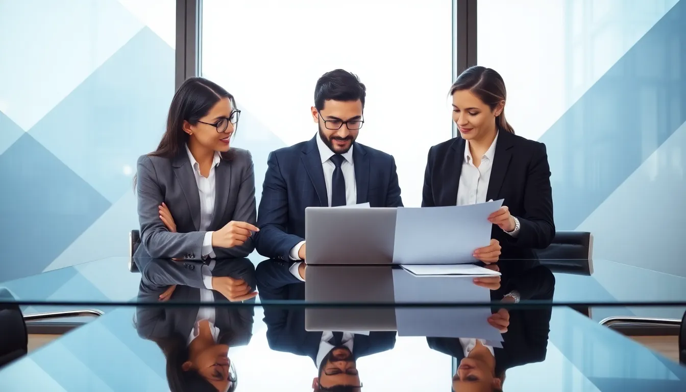 diverse professionals discussing tax obligations in a modern office.