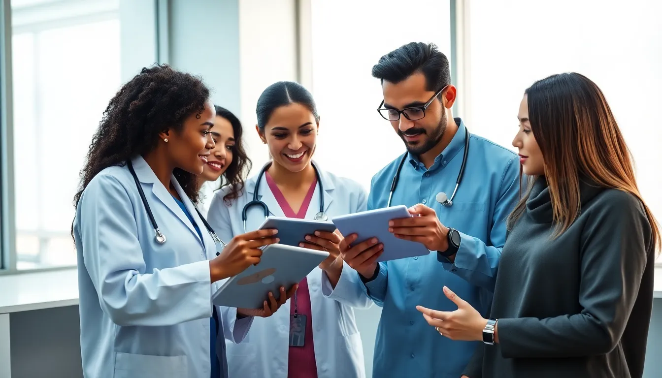 healthcare professionals discussing wearable technology in a modern office.