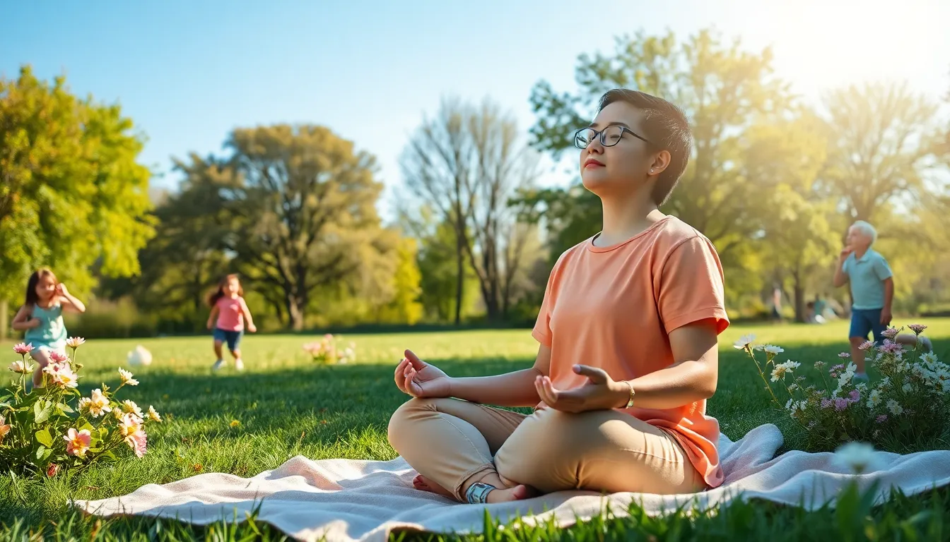 Individual meditating in a sunny park, embodying mindfulness.