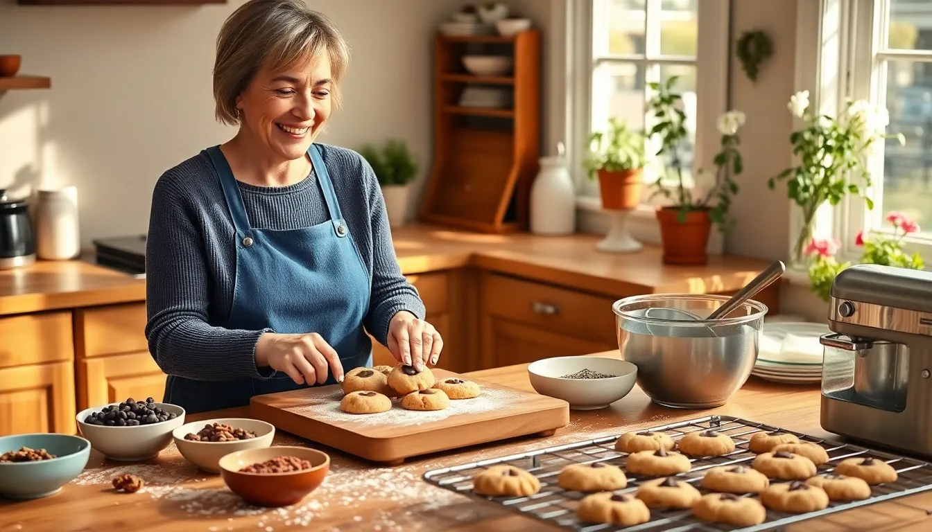 a woman baking cookies in a cozy kitchen, surrounded by ingredients and warm light.