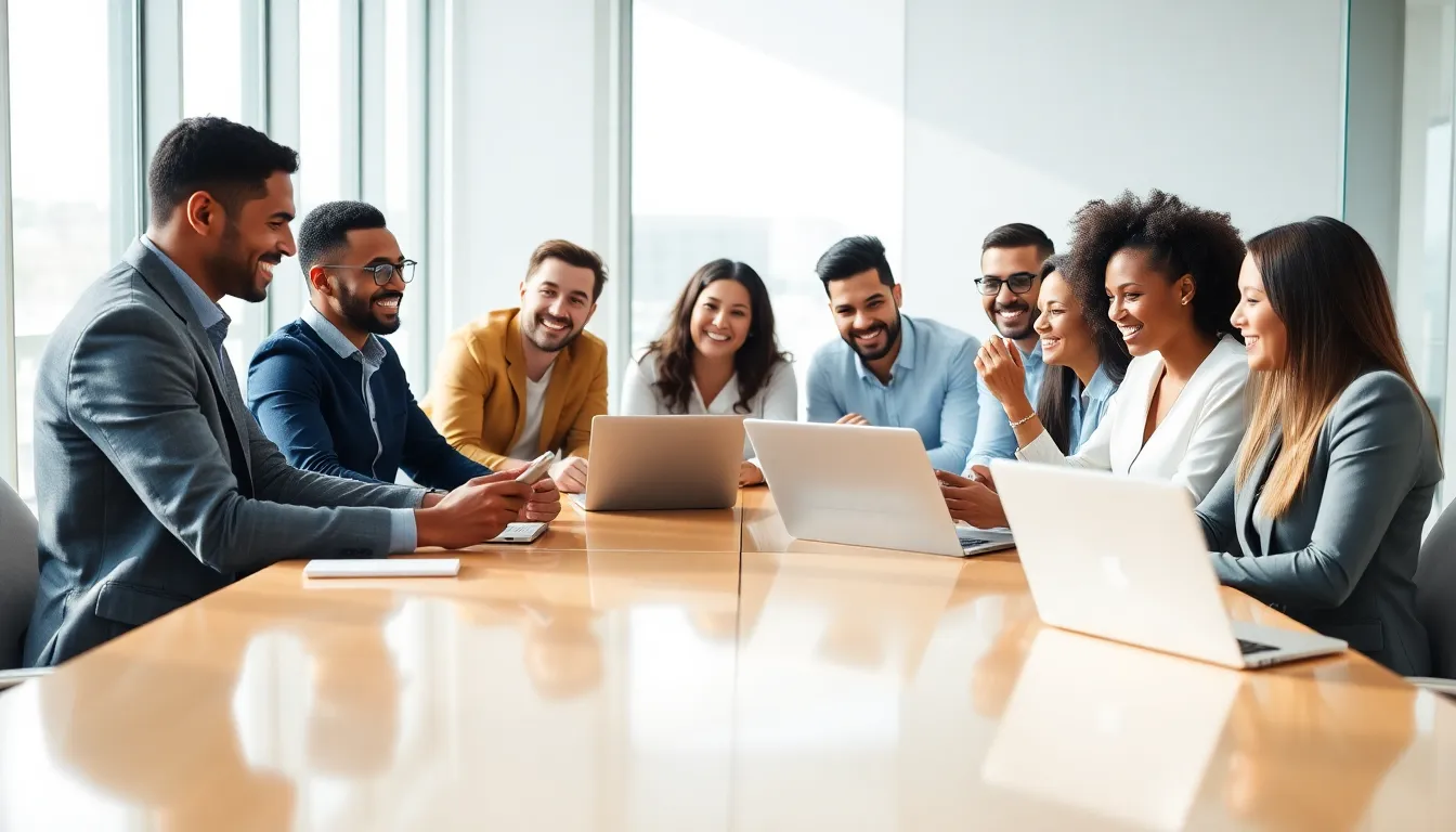 diverse professionals discussing communication in a modern office.