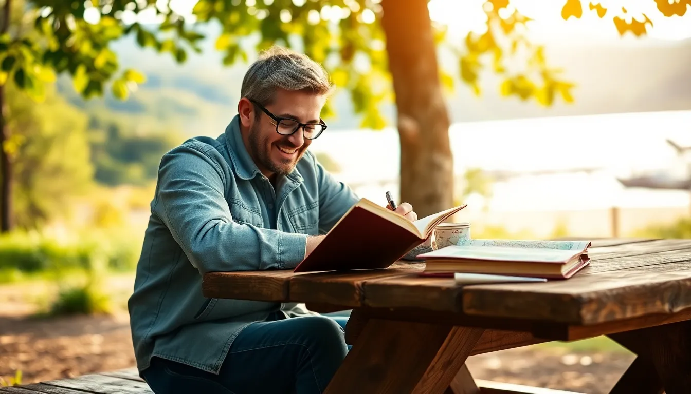 traveler writing in a journal at a picnic table in nature.