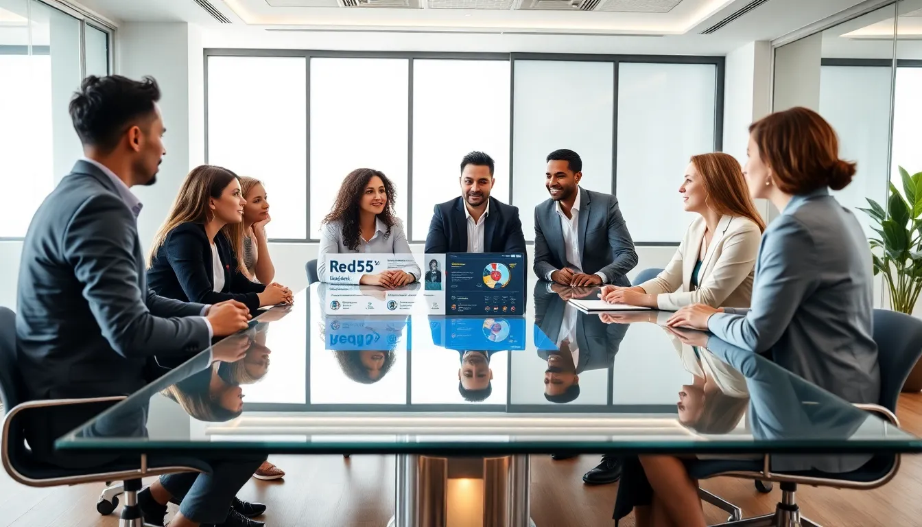diverse team discussing Redvi56 platform in a modern office.
