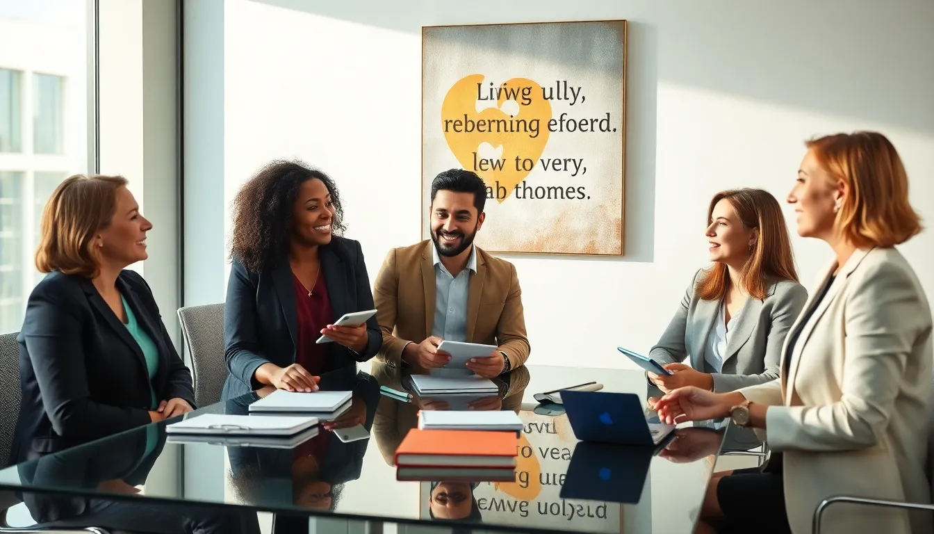 diverse professionals discussing quotes about living fully in a modern office.