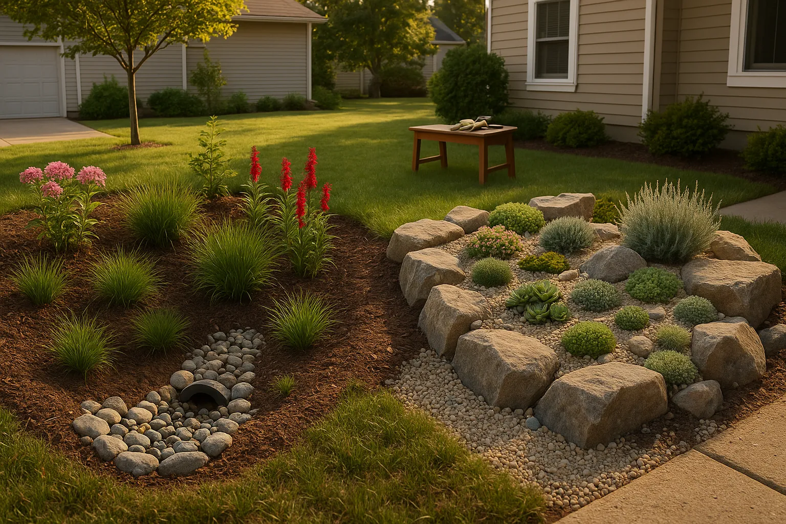 Side-by-side rain garden and rock garden showing plants and materials.