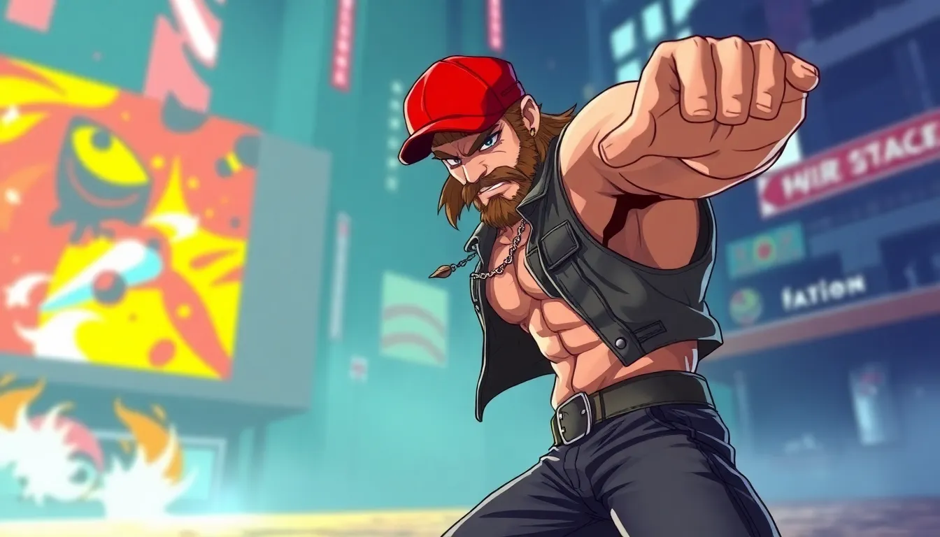 Terry Bogard from Super Smash Bros ready for battle in an urban setting.