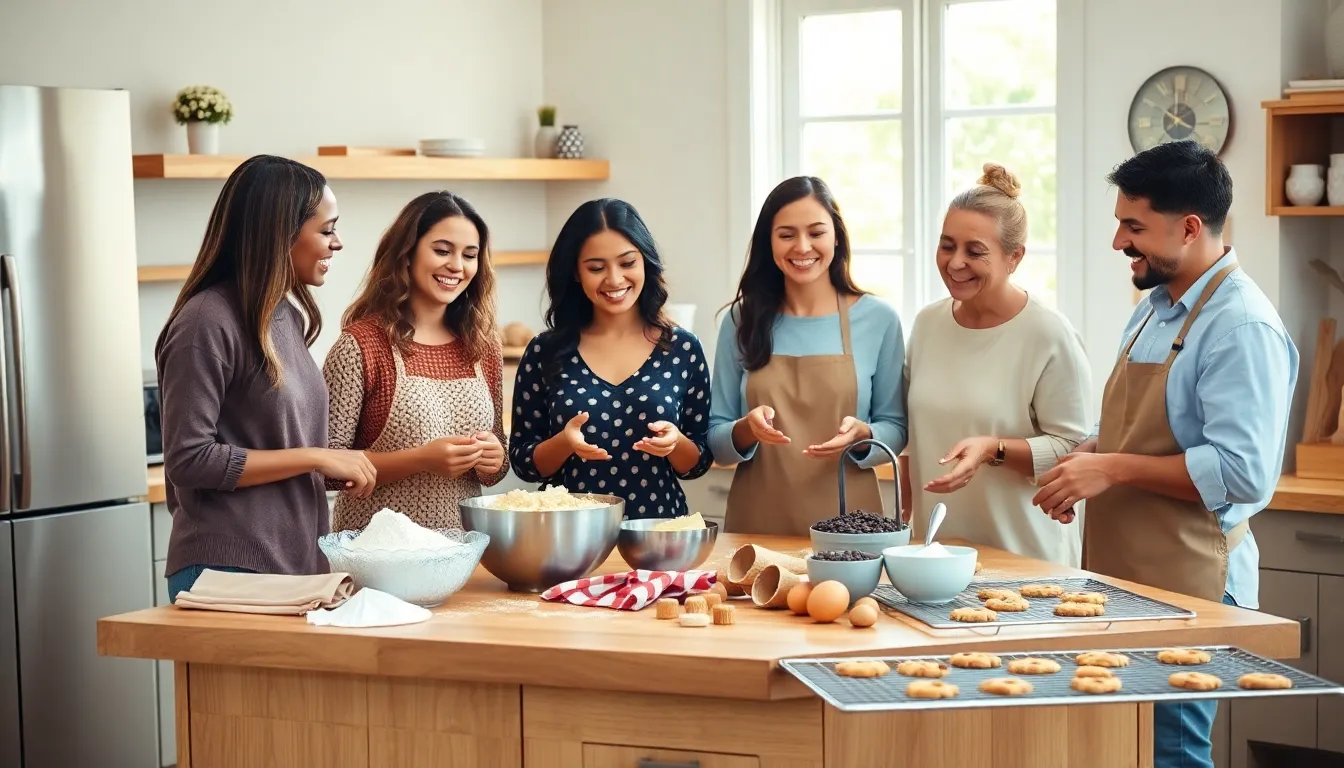 group of friends baking cookies together in a cozy kitchen.