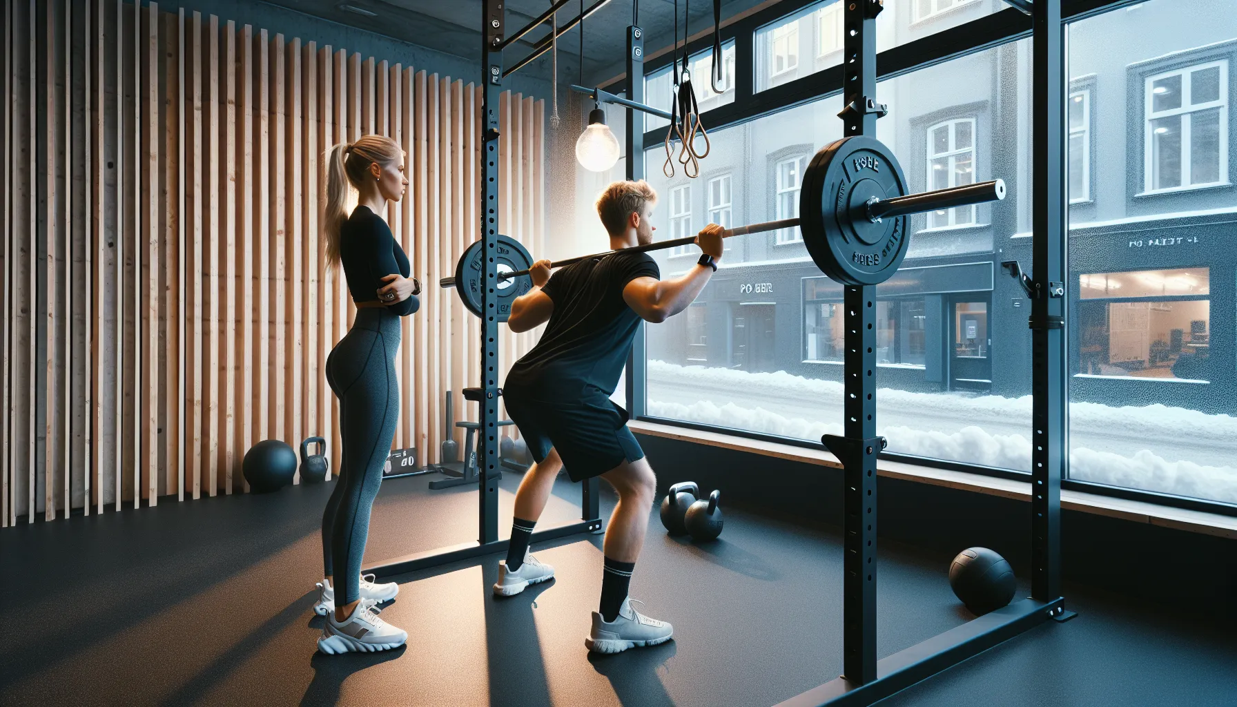 Hvordan bli en sertifisert personlig trener i norge 2 Personal trainer in norway coaching a client’s squat, tracking progress on tablet.