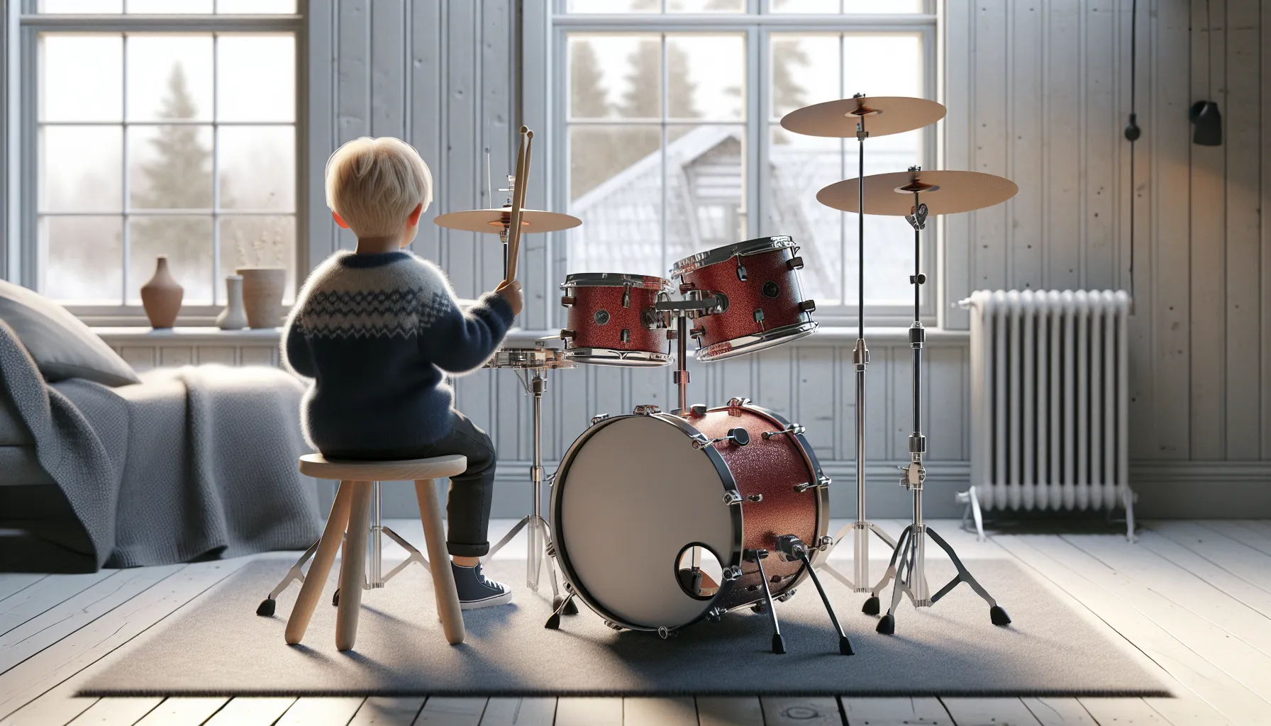 Trommesett for barn: hva du bør vite 2 Child playing a compact drum kit in a bright norwegian living room.