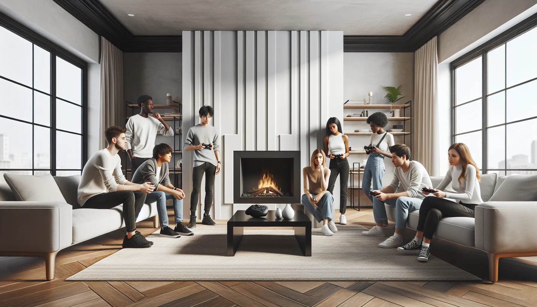 modern living room with a stylish console hearth and diverse gamers.
