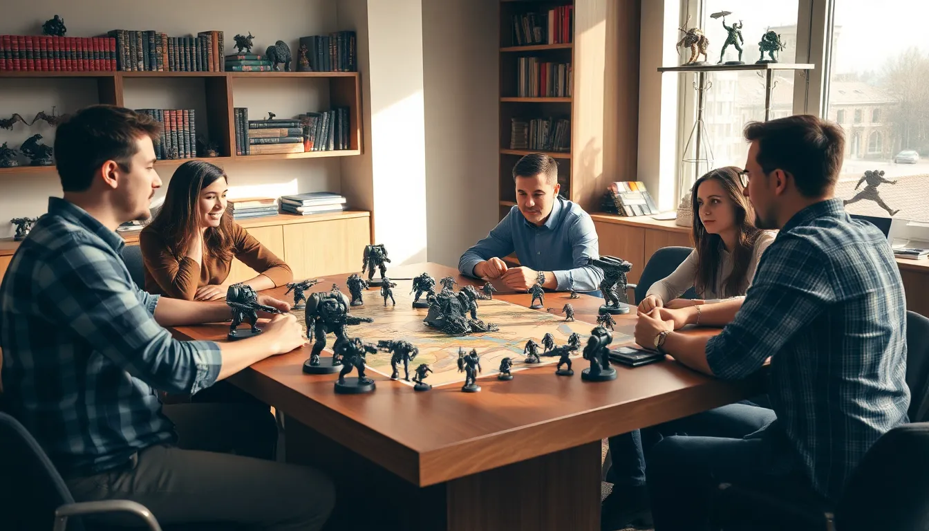 diverse gamers engaged in a Warhammer 40K tabletop game.