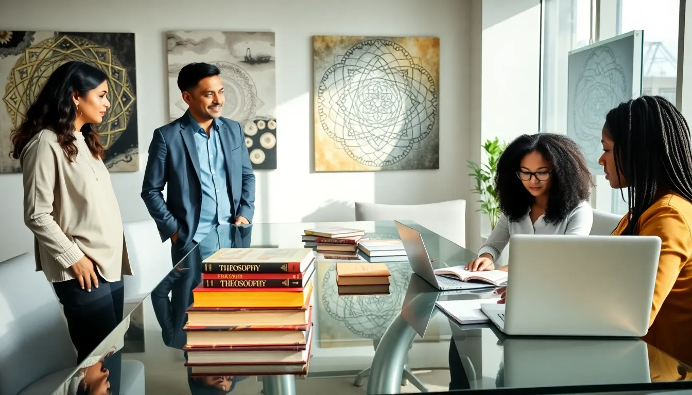 diverse team discussing Theosophy in a modern office.