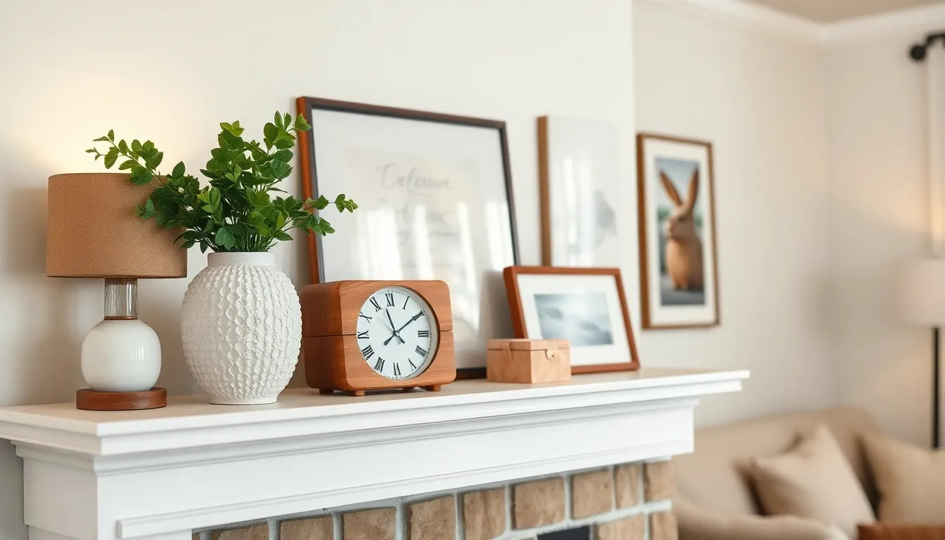 A stylishly decorated mantel in a modern living room.