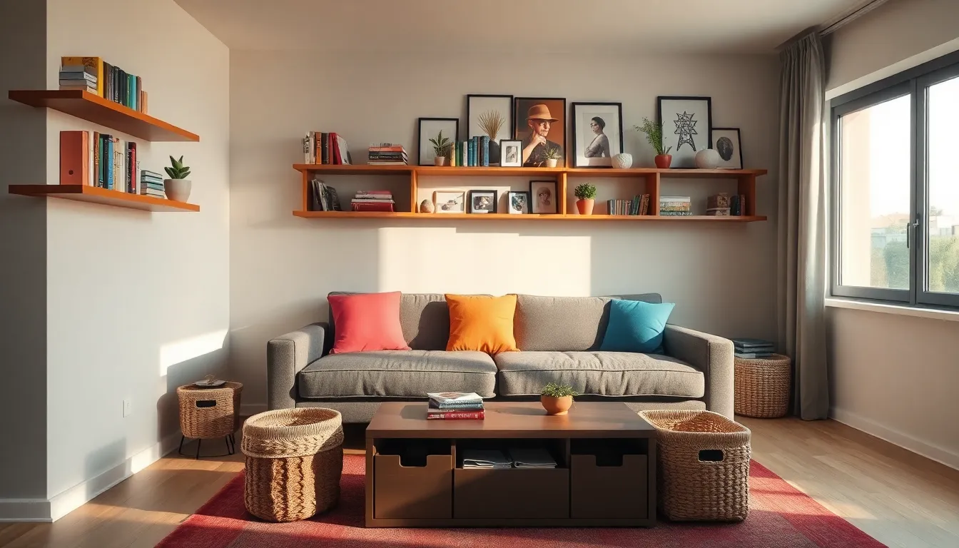 a modern living room showcasing multi-functional furniture and creative storage solutions.