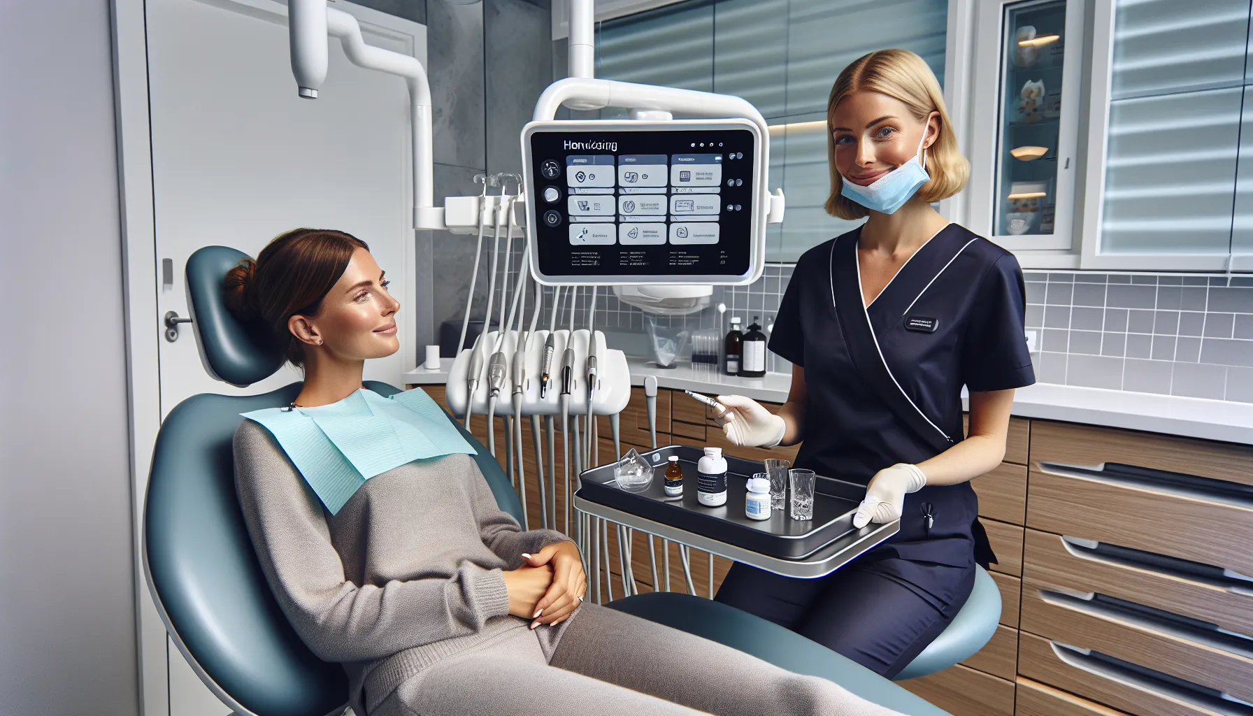 Hvordan velge riktig tannlege i bergen 2 Dentist explains options to anxious patient with sedation tools visible in bergen.