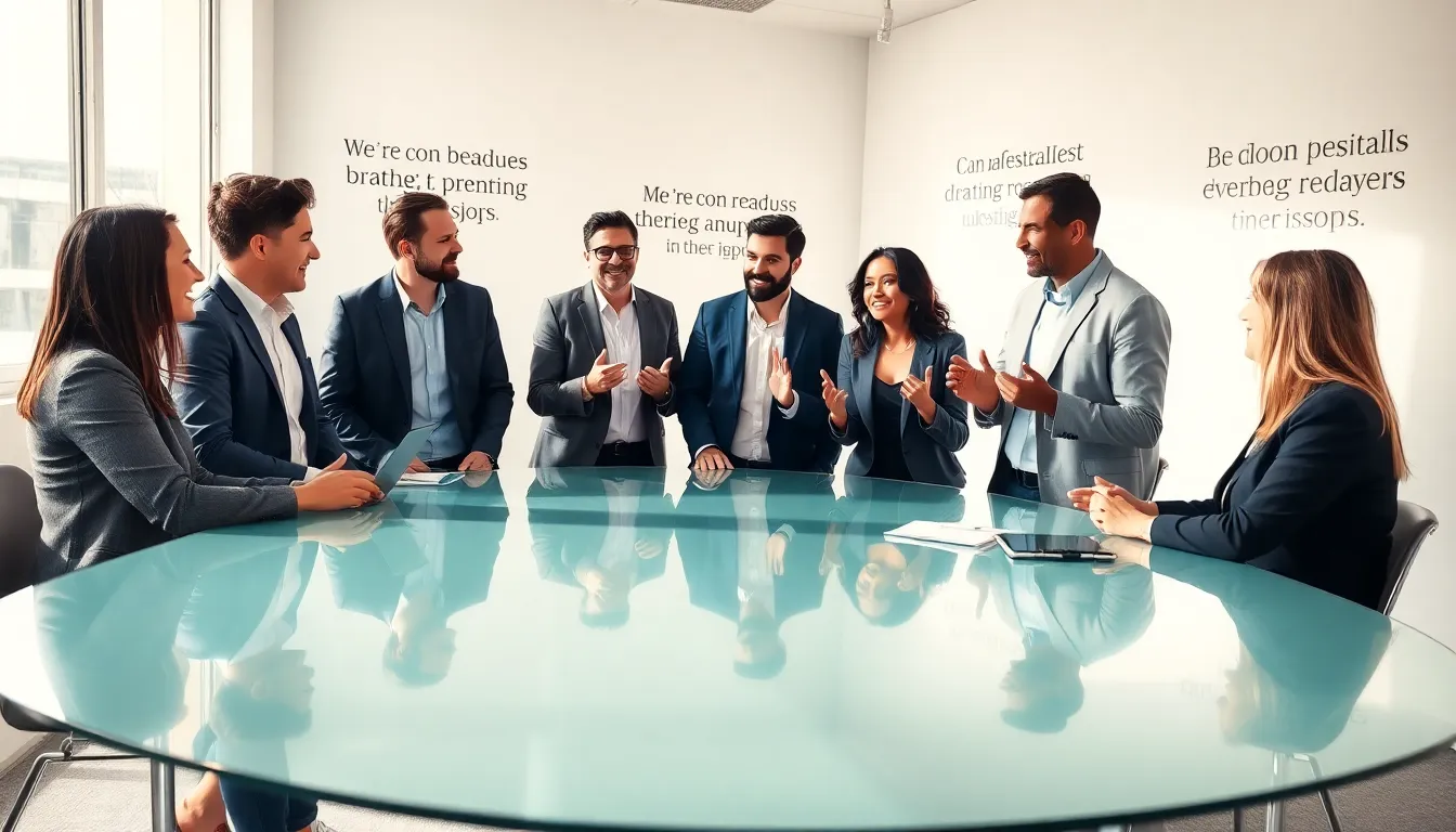 diverse team collaborating in a bright, positive office environment.