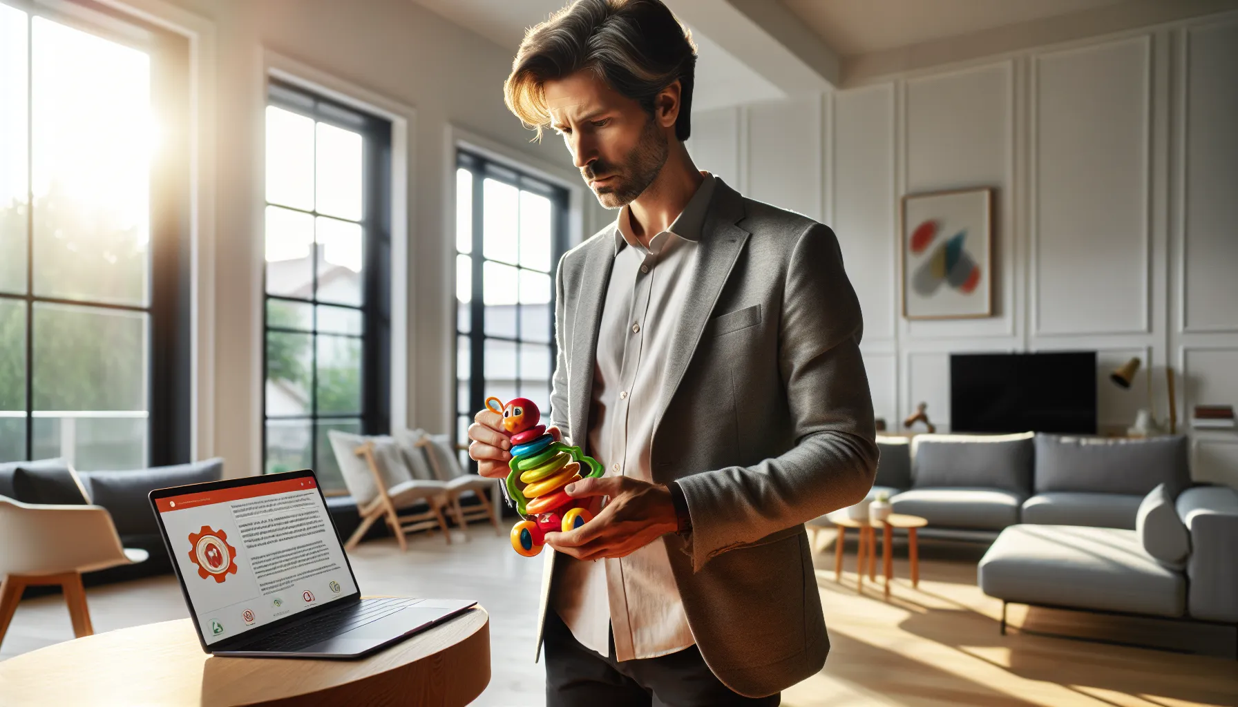 parent examining a toy for safety concerns in a modern living room.