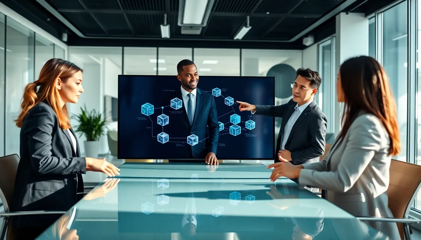 professionals discussing blockchain technology in a modern office.