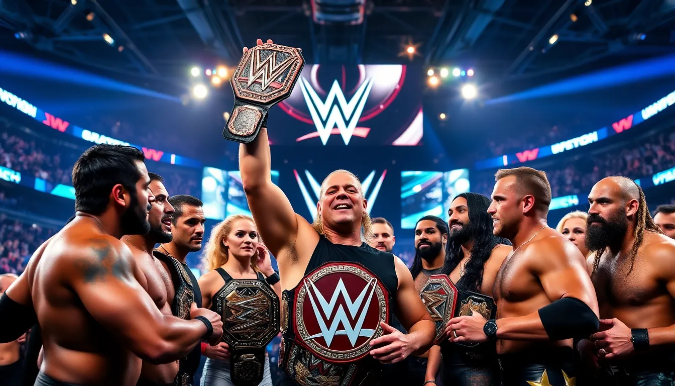 diverse WWE wrestlers discussing championship futures in a vibrant arena.
