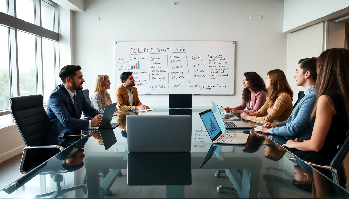 diverse professionals discussing college savings strategies in a modern office.