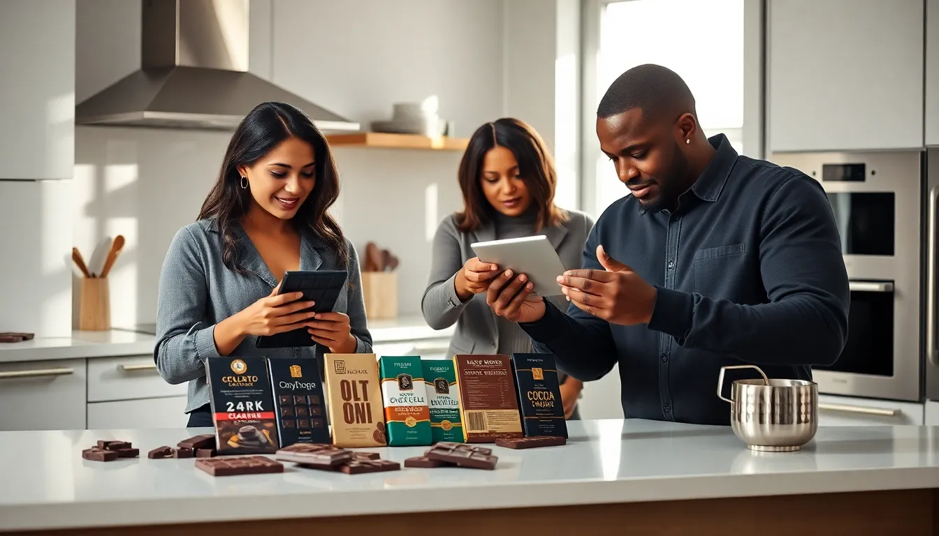 diverse team examining chocolate bars in a modern kitchen.