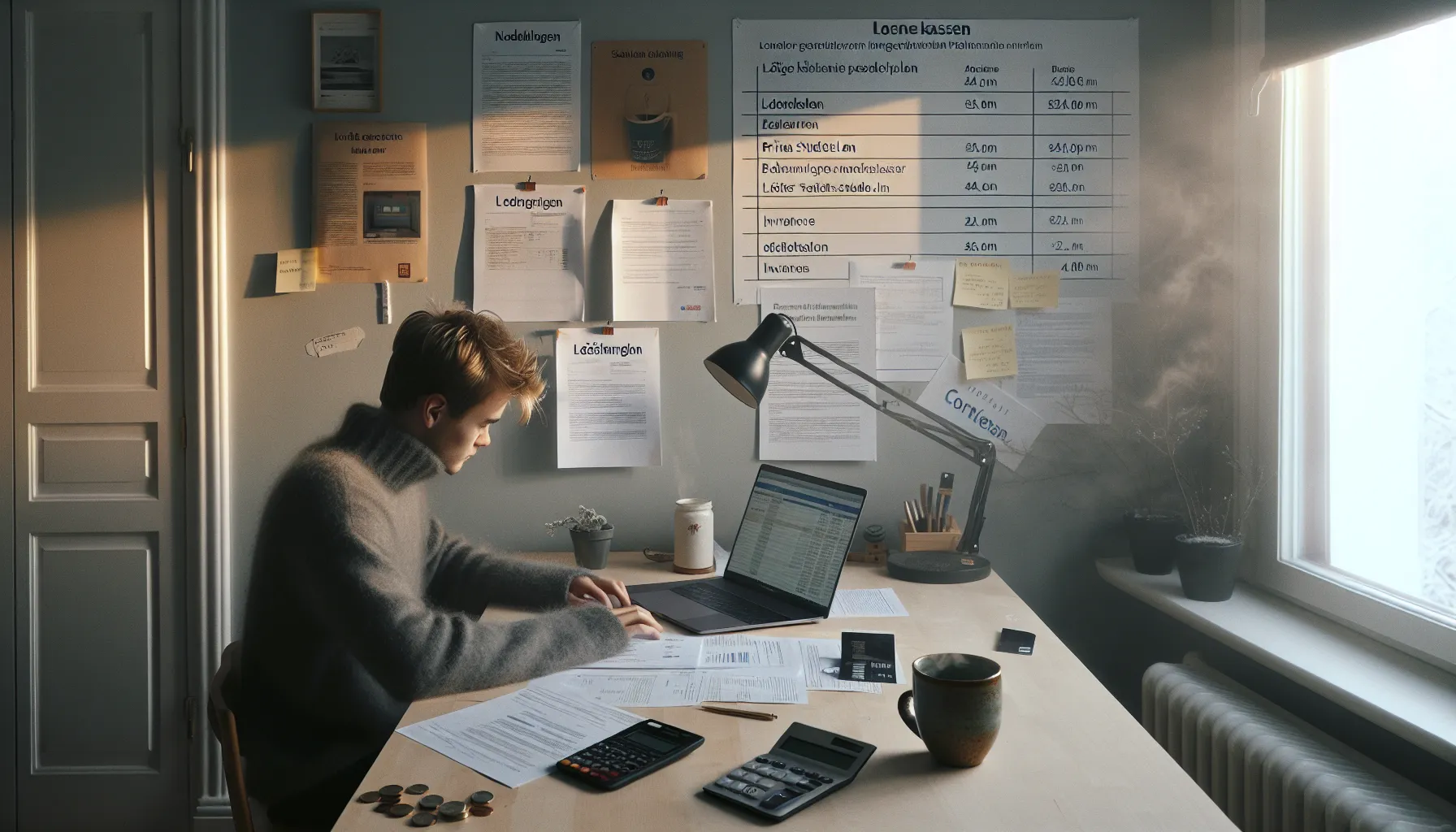 Student compares lånekassen and private student loan options at a desk.