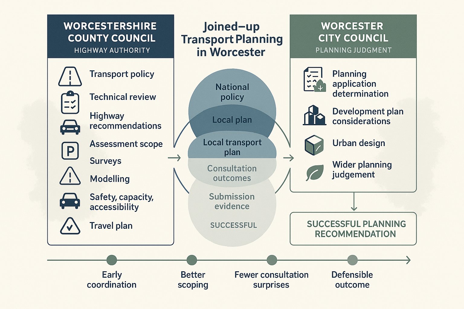 Infographic showing County and City Council roles in Worcester transport planning.